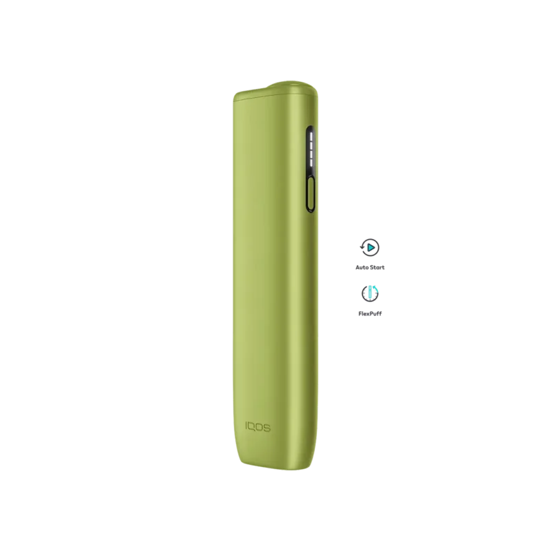 IQOS ILUMA i One Leaf Green lifestyle shot — colourful compact IQOS device Dubai UAE