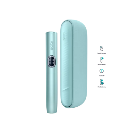 IQOS ILUMA i Standard Breeze Blue metallic finish detail — two-piece IQOS device Dubai