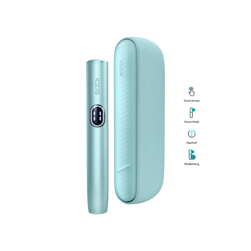 IQOS ILUMA i Standard Breeze Blue metallic finish detail — two-piece IQOS device Dubai